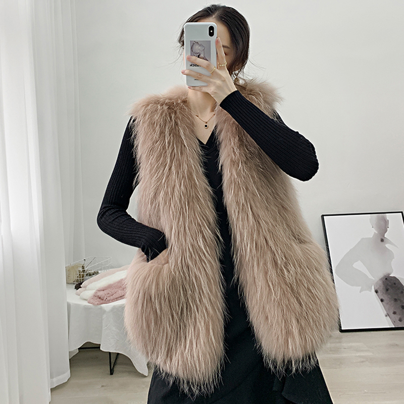 Elmo raccoon fur waistcoat long vest for women