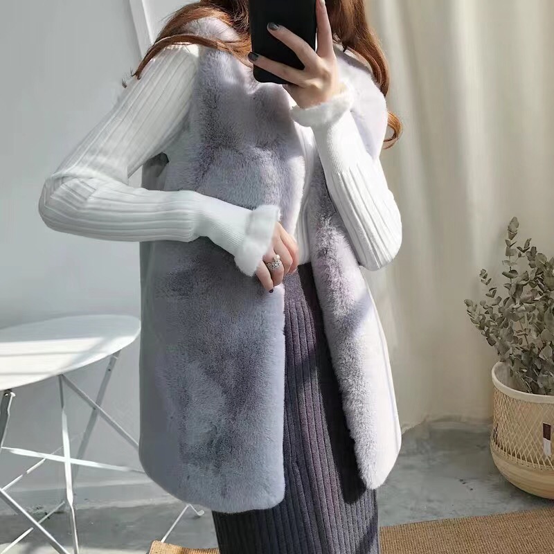 Slim autumn and winter long vest elmo rabbit fur coat
