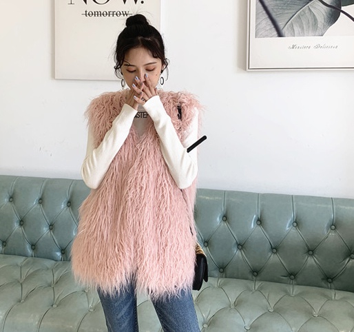 Long Korean style waistcoat lambs wool vest for women