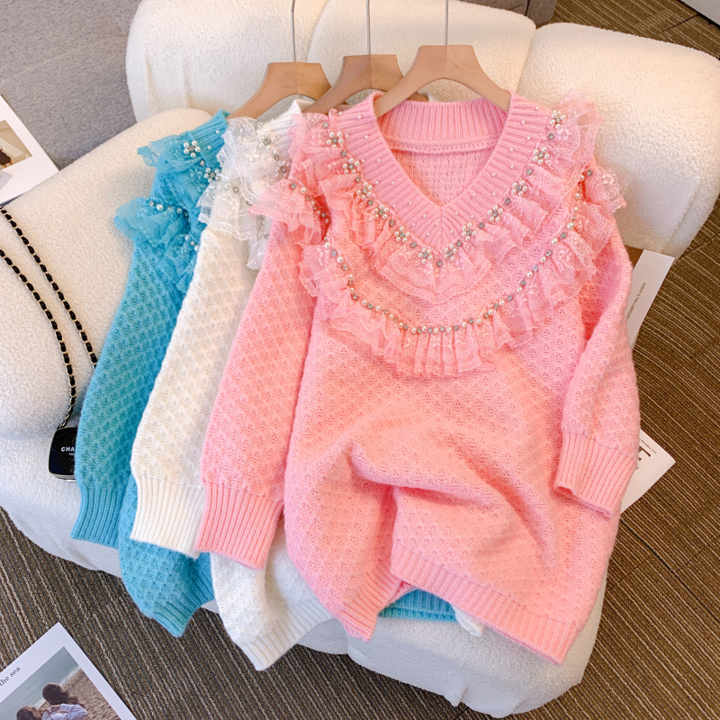 Autumn lace sweet tops all-match beading sweater for women
