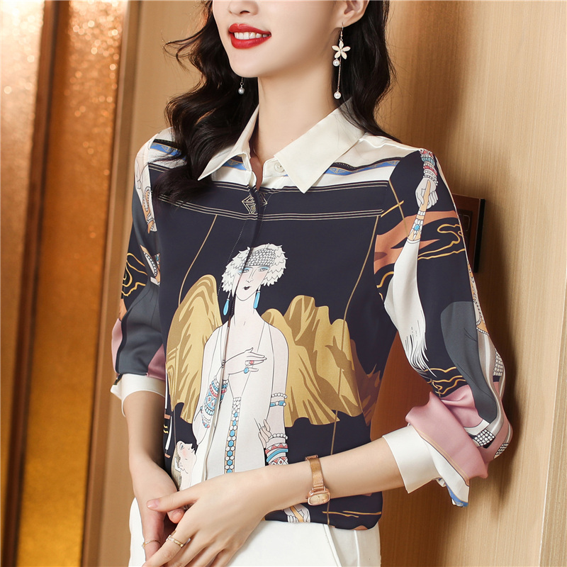 Silk printing tops autumn Western style shirt for women
