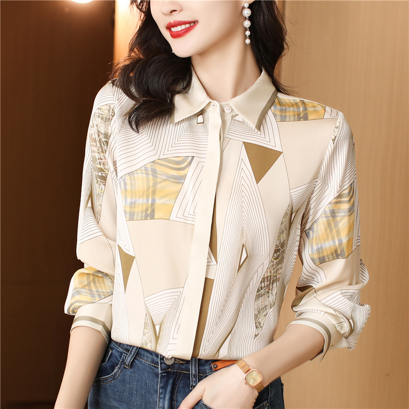 Silk autumn long sleeve tops printing real silk shirt