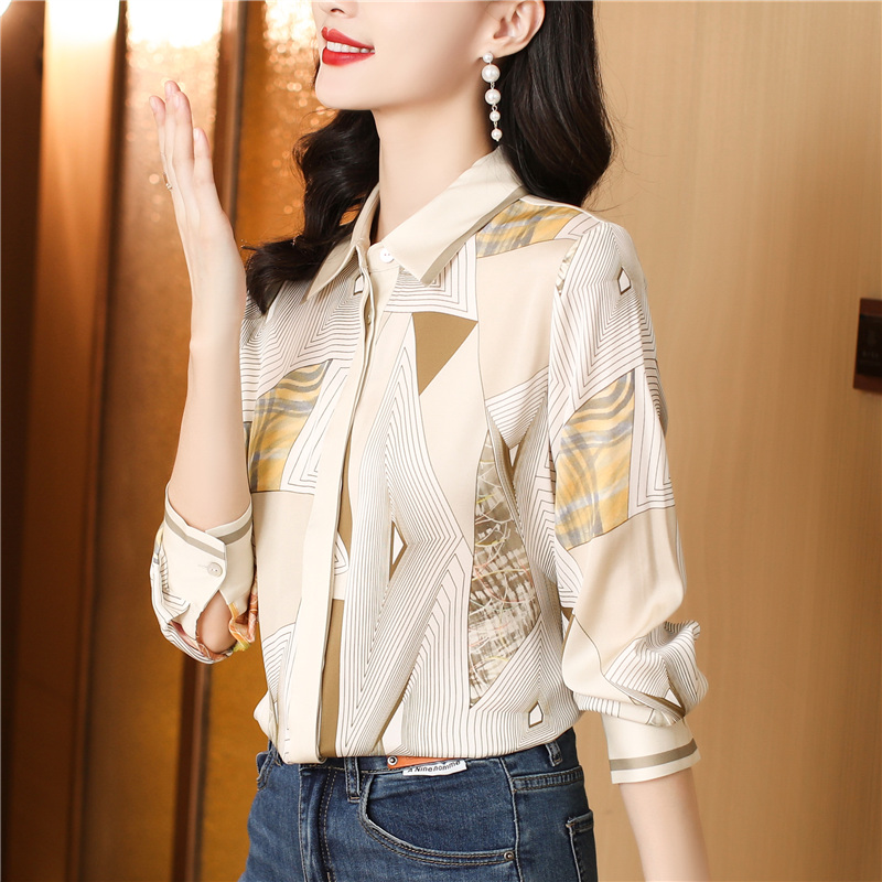 Silk autumn long sleeve tops printing real silk shirt