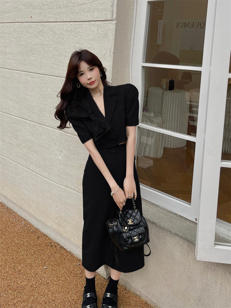 Long puff sleeve business suit bow jacket a set