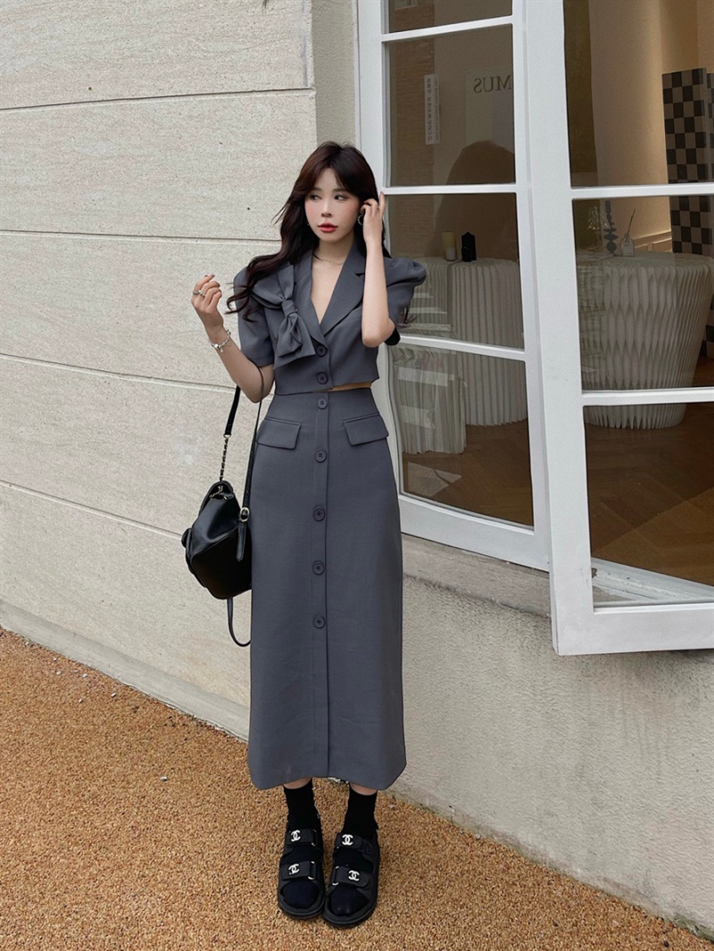 Long puff sleeve business suit bow jacket a set