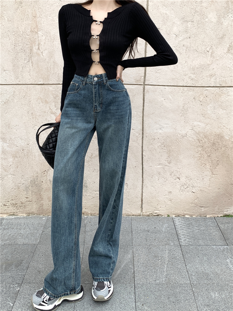 Slim high waist jeans navy blue long pants for women