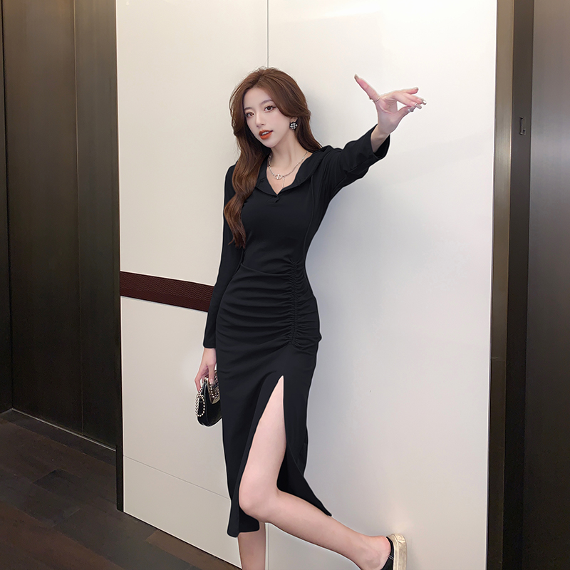 Long pinched waist package hip hooded fold Korean style dress