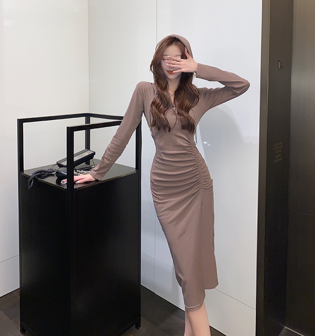 Long pinched waist package hip hooded fold Korean style dress