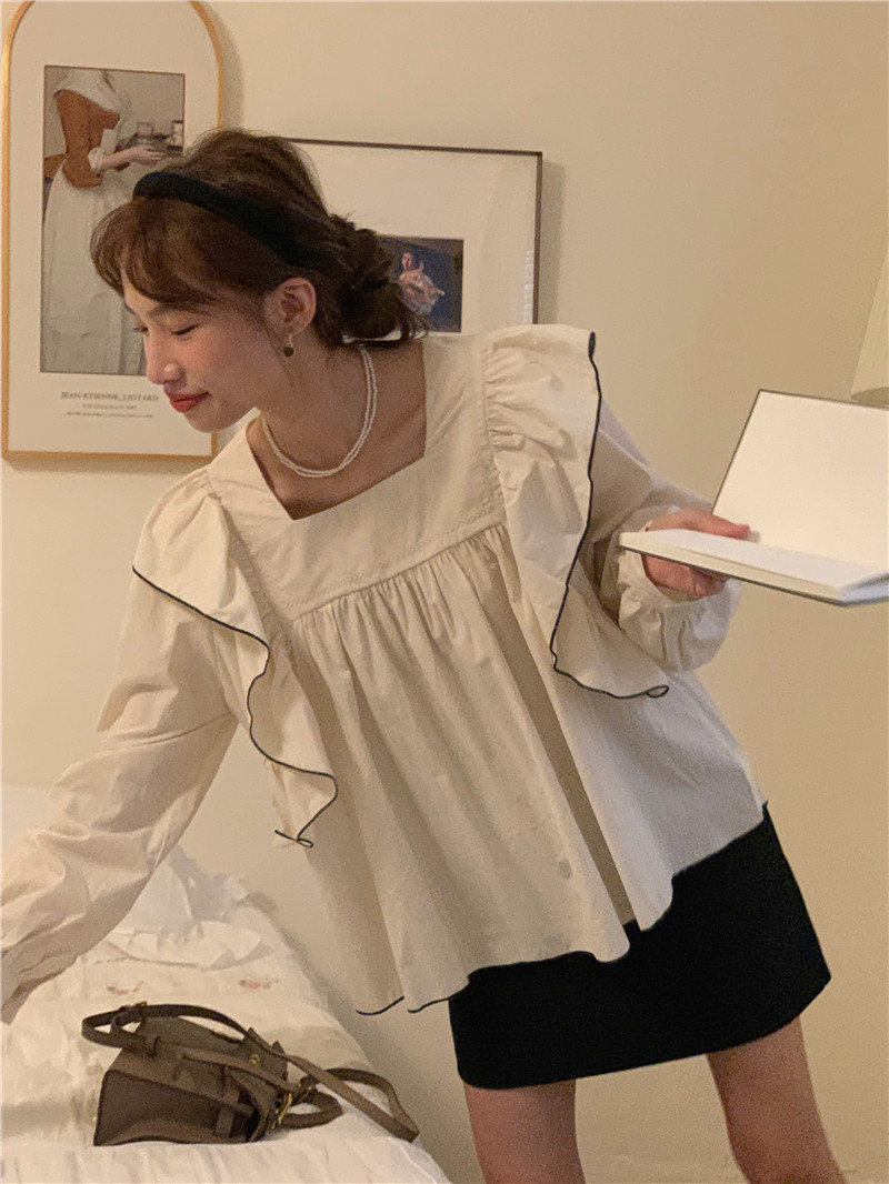 Long sleeve sweet square collar splice embroidery shirt