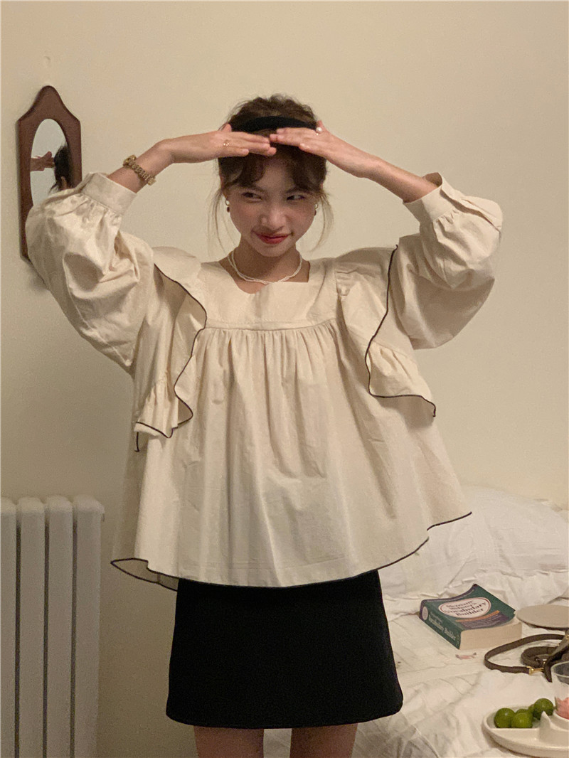 Long sleeve sweet square collar splice embroidery shirt