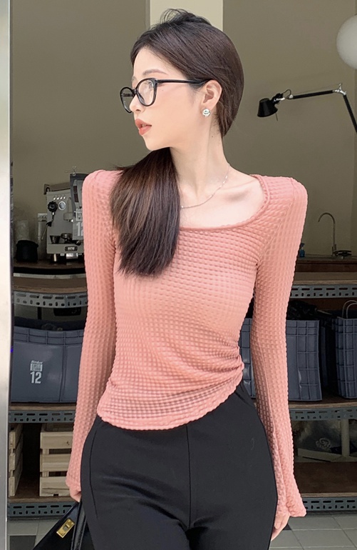 Square collar light grid tops thin tight T-shirt for women