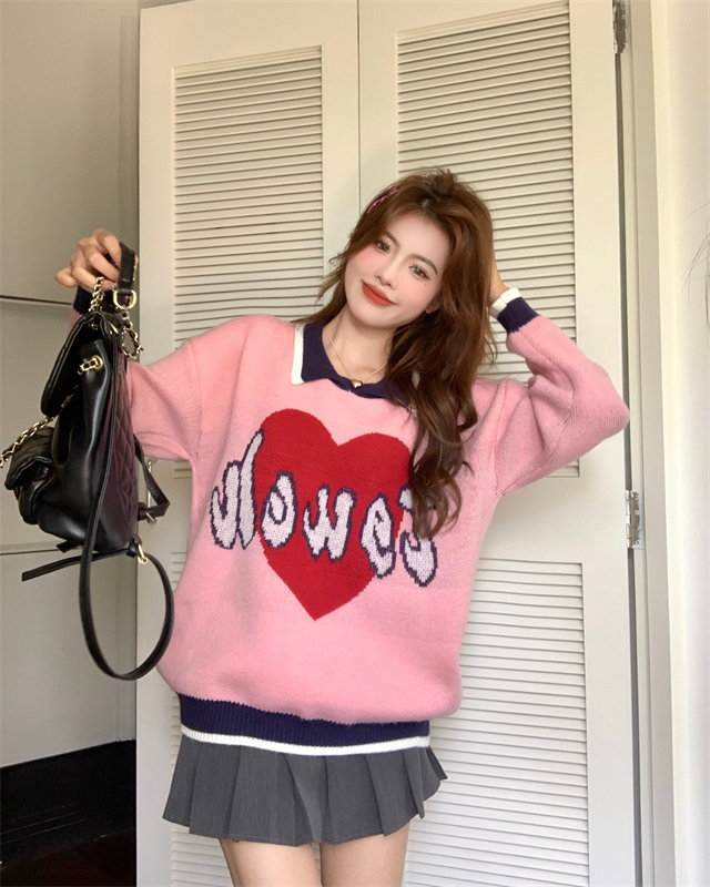 Autumn lazy tops Korean style heart sweater for women