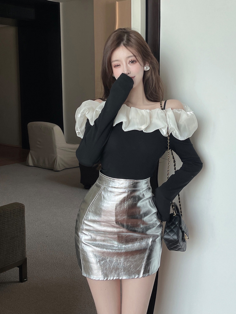 Silver France style tops lotus leaf edges short skirt