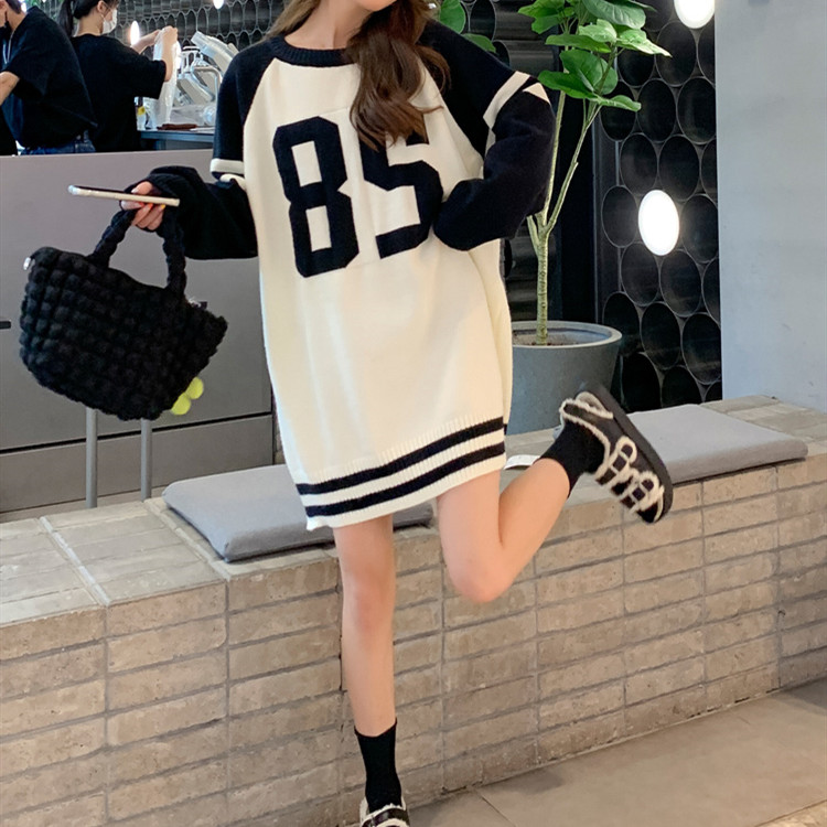 Knitted mixed colors sweater loose letters tops for women