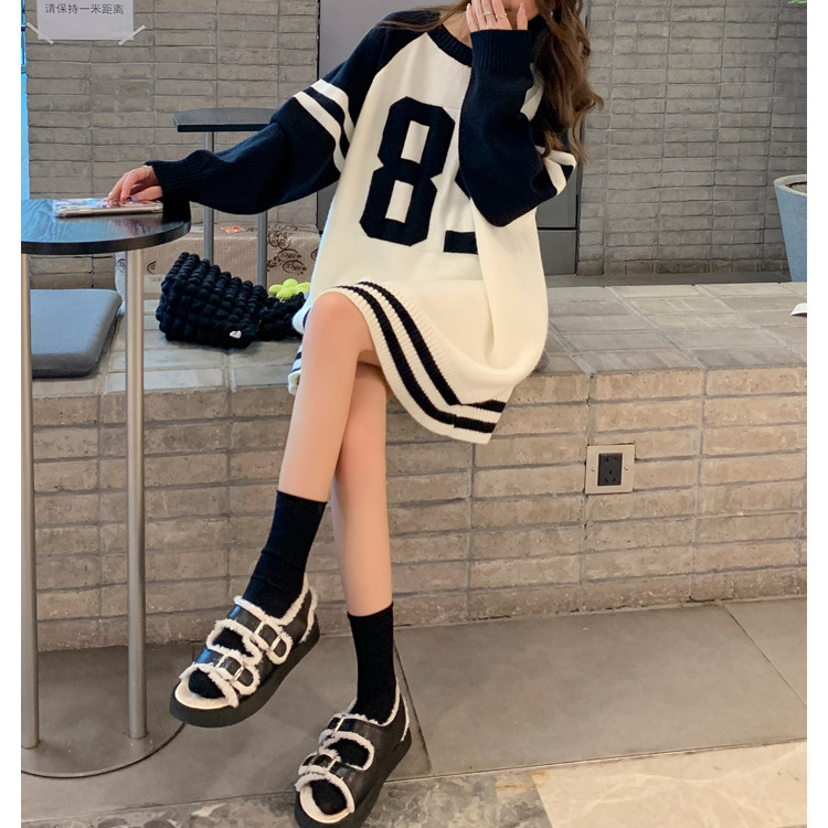 Knitted mixed colors sweater loose letters tops for women