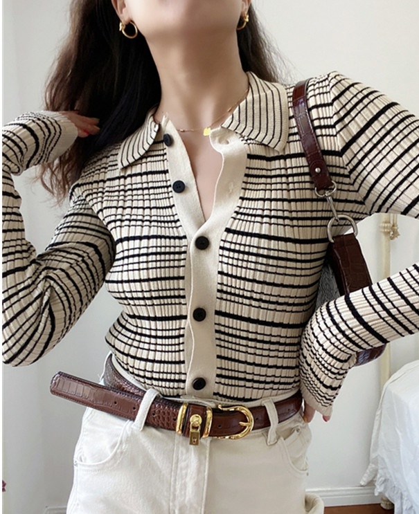 Single-breasted commuting cardigan retro stripe sweater