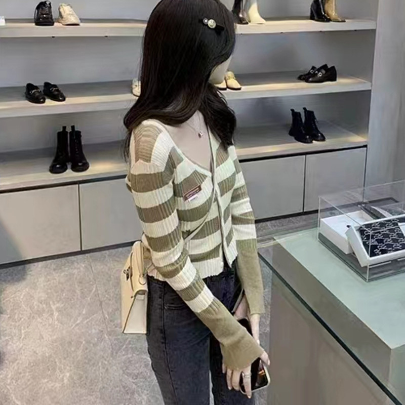 Autumn slim stripe bottoming shirt thin V-neck tops for women