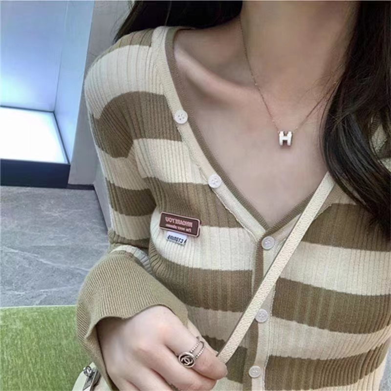 Autumn slim stripe bottoming shirt thin V-neck tops for women