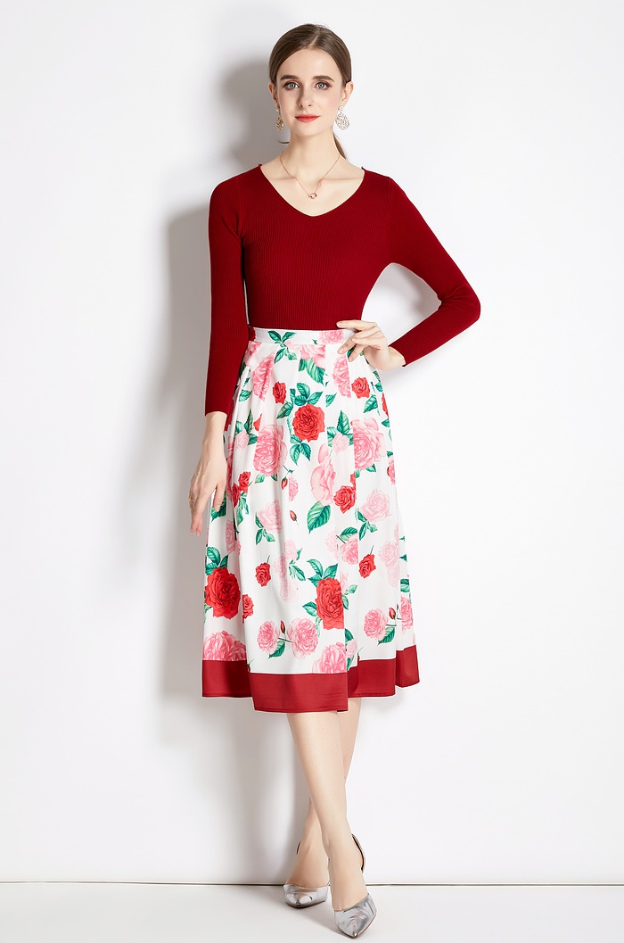 Retro France style sweater printing high waist skirt a set
