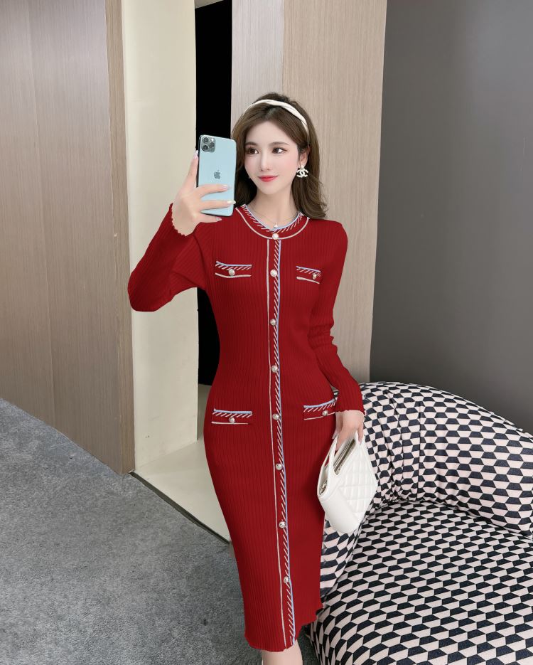 France style long sleeve knitted bottoming slim dress