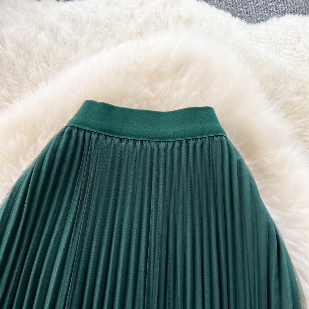 High waist pleated autumn long elastic skirt for women
