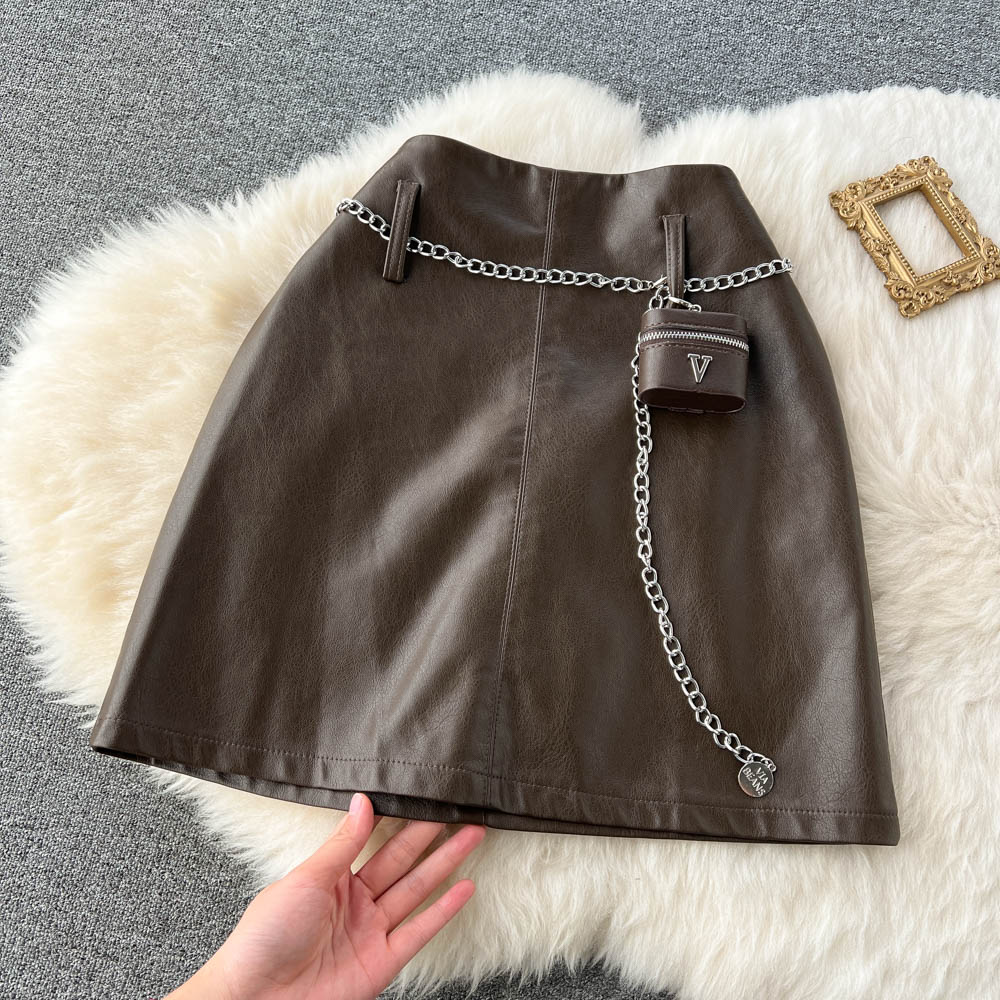 High waist slim black skirt package hip autumn leather skirt