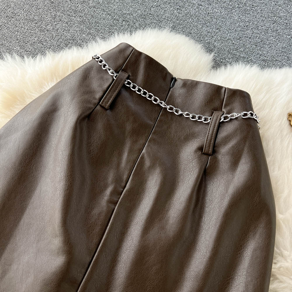 High waist slim black skirt package hip autumn leather skirt