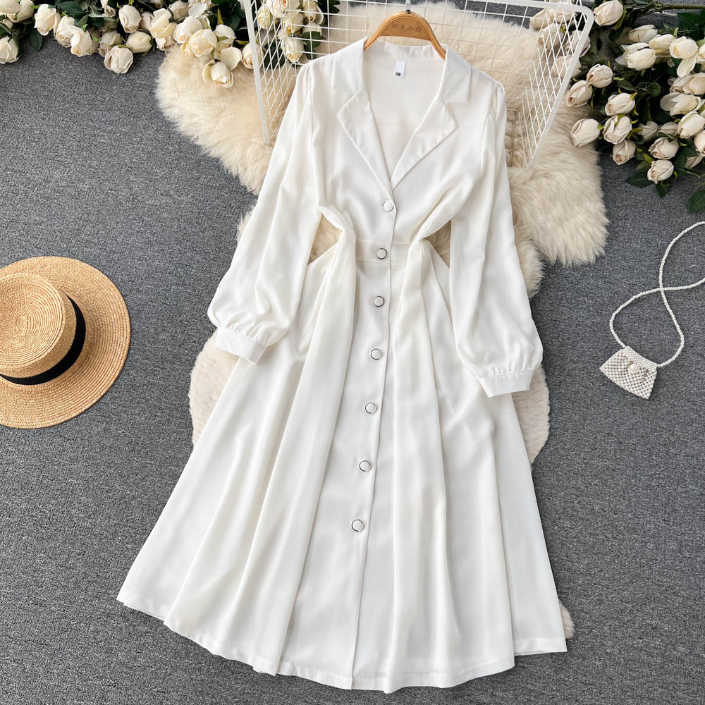 Pinched waist autumn shirt white long dress for women