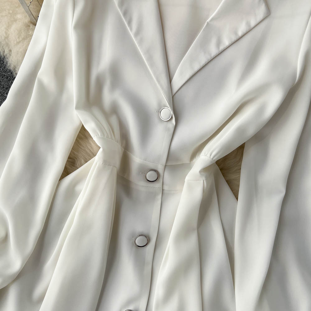 Pinched waist autumn shirt white long dress for women