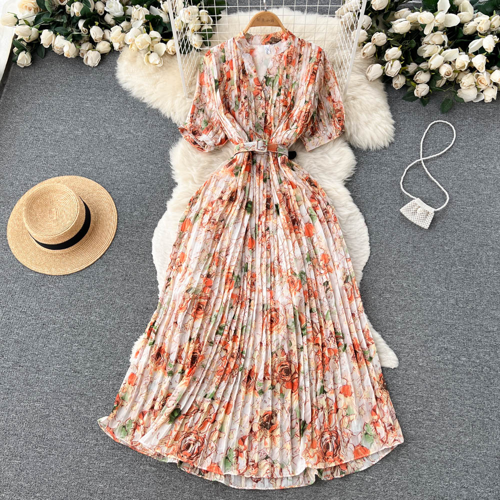 Pinched waist France style dress floral long dress for women