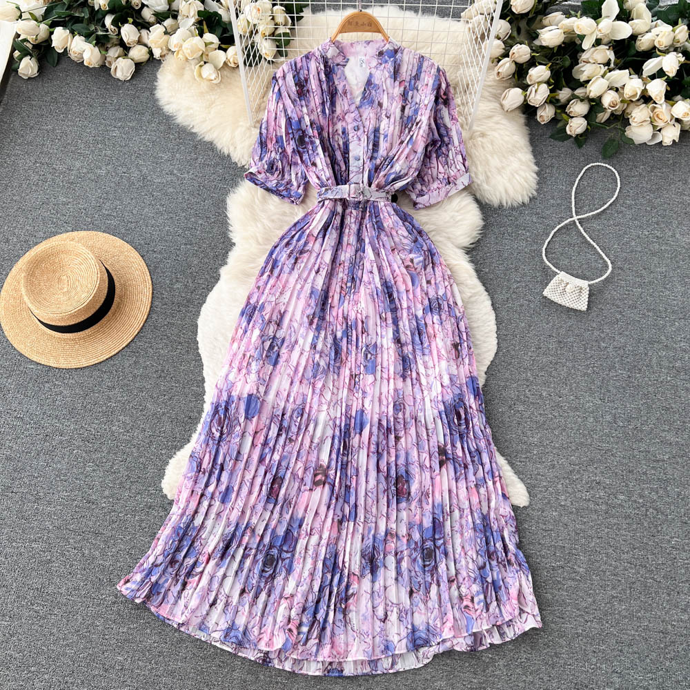 Pinched waist France style dress floral long dress for women