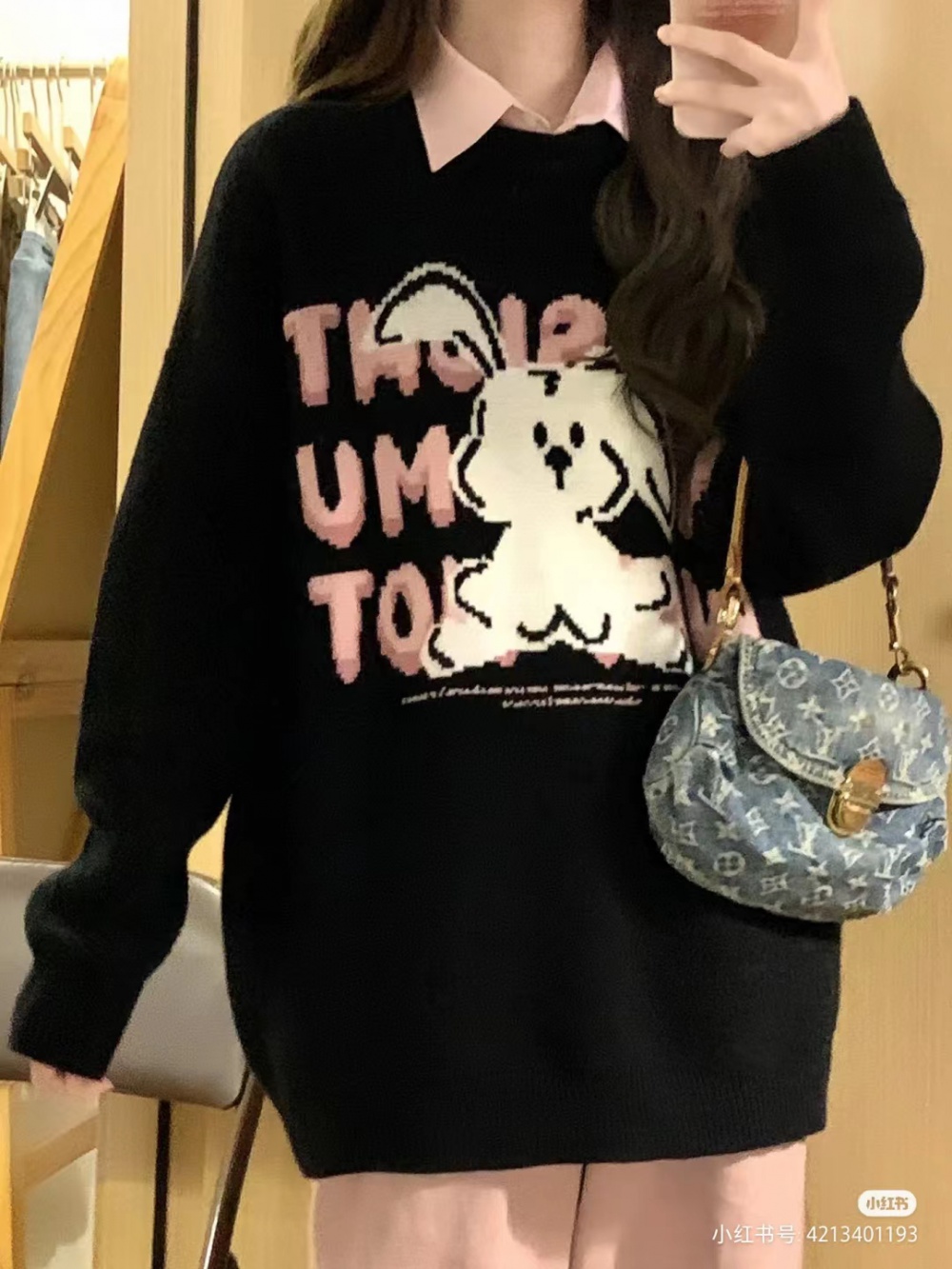 Loose round neck letters rabbit jacquard sweater for women
