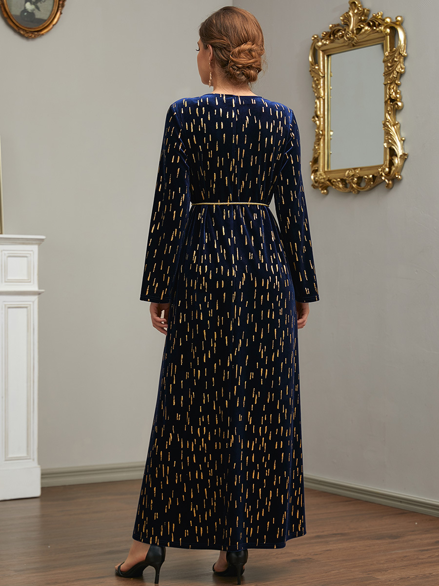 Casual golden velvet long dress embroidered dress for women