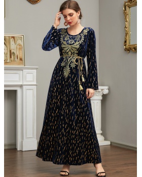 Casual golden velvet long dress embroidered dress for women