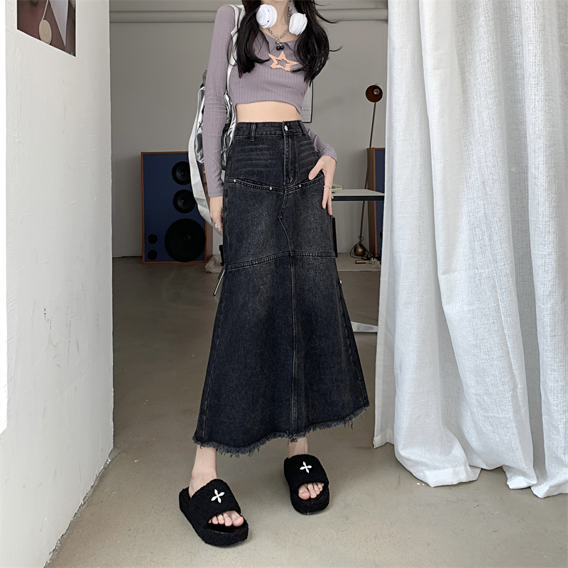 Slim long black high waist irregular denim skirt
