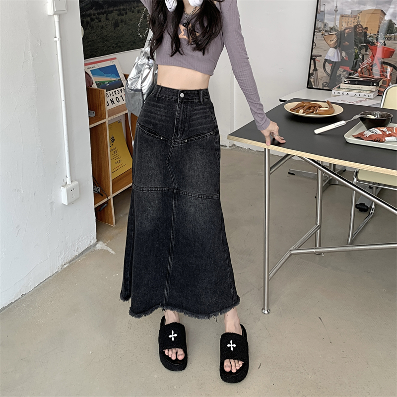 Slim long black high waist irregular denim skirt