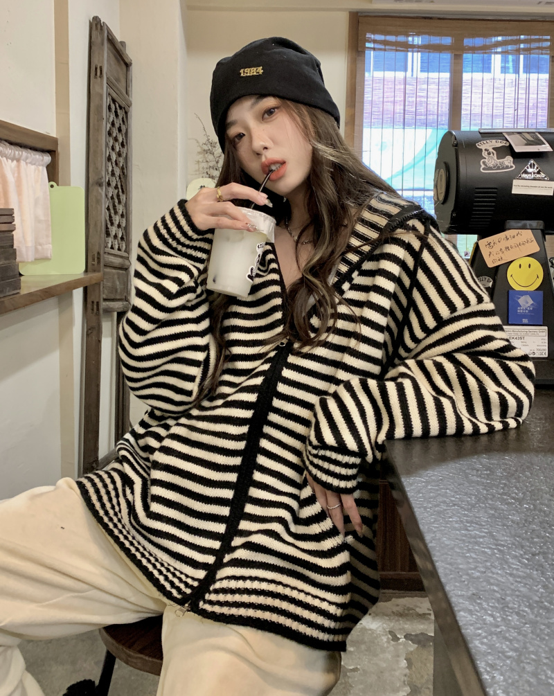 Knitted stripe cardigan loose hooded coat for women