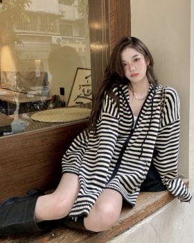 Knitted stripe cardigan loose hooded coat for women