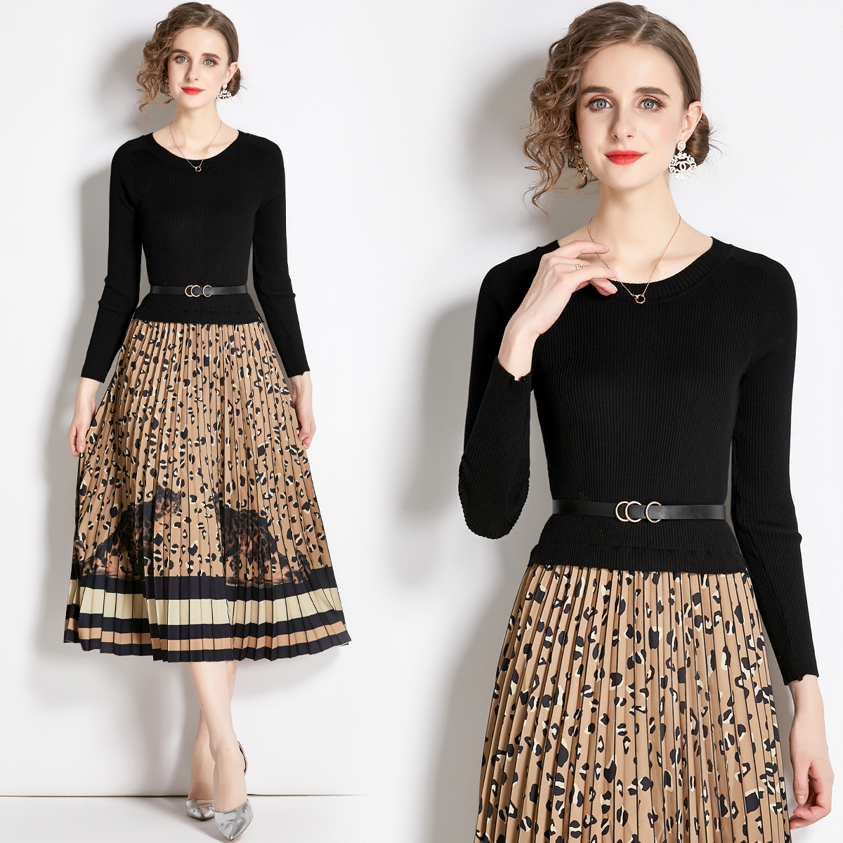 Mixed colors splice pleated knitted dress for women