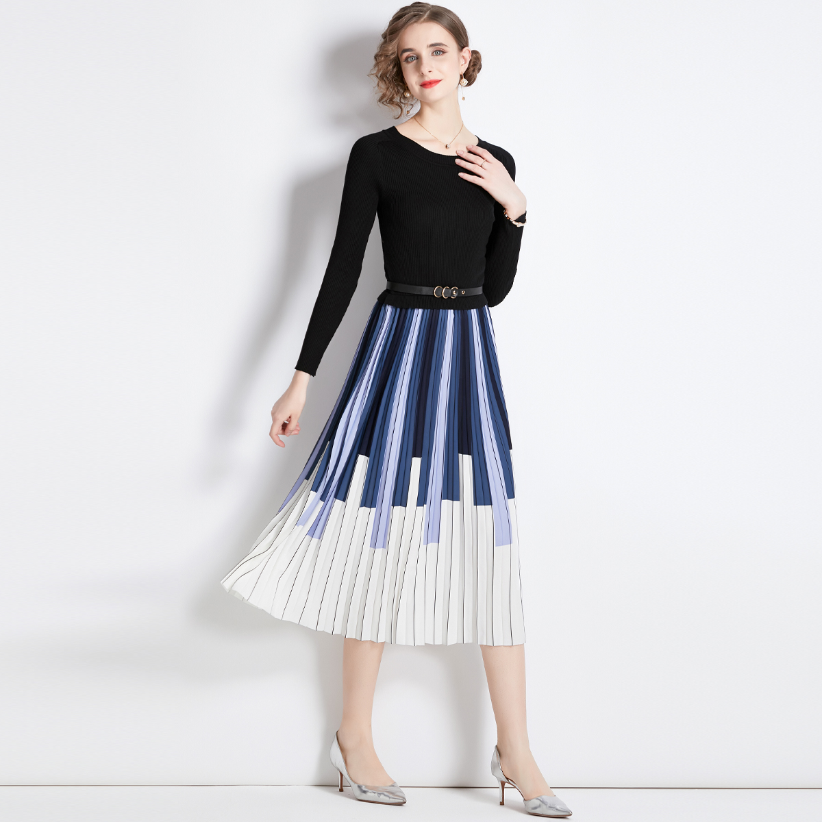 Pleated mixed colors splice knitted dress for women