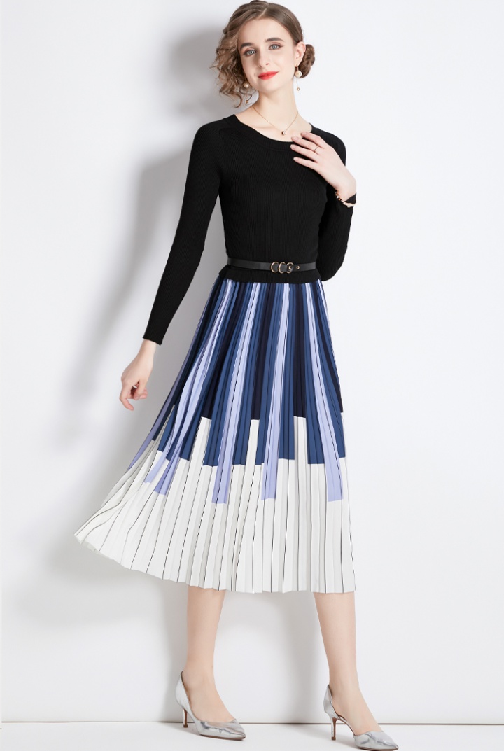 Pleated mixed colors splice knitted dress for women