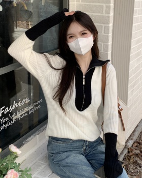 Zip slim knitted tops Korean style high collar sweater