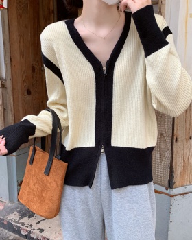Knitted loose sweater mixed colors double zip cardigan