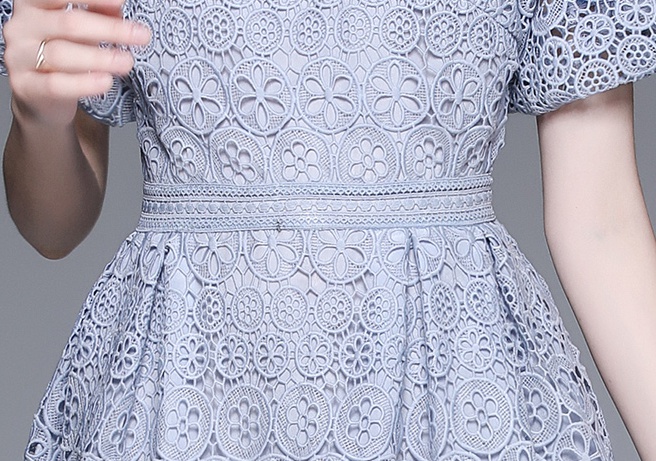 Lantern sleeve lace pinched waist lapel fresh dress