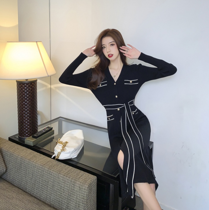 Single-breasted temperament knitted waistband dress