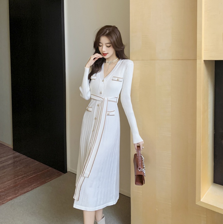 Single-breasted temperament knitted waistband dress
