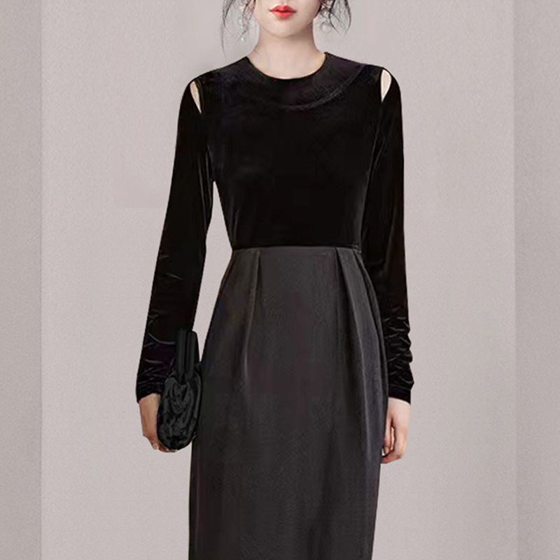 Slim irregular splice long dress autumn black velvet dress