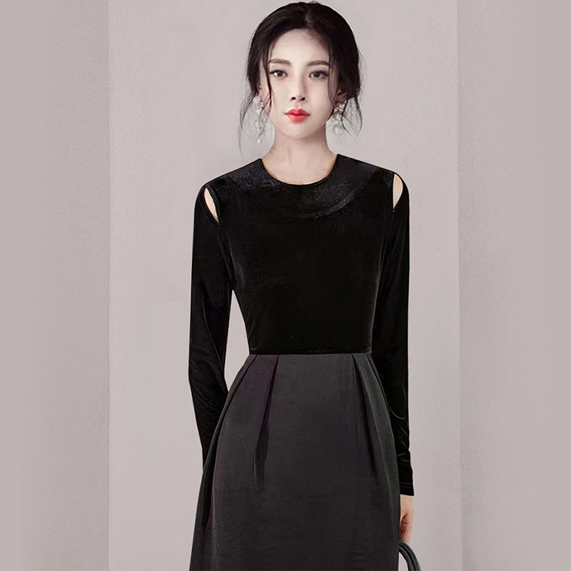 Slim irregular splice long dress autumn black velvet dress