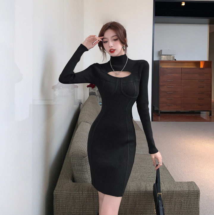 Bottoming package hip knitted gray hollow dress
