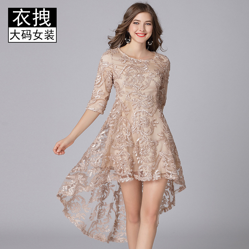 Spring and autumn embroidery round neck ladies dress
